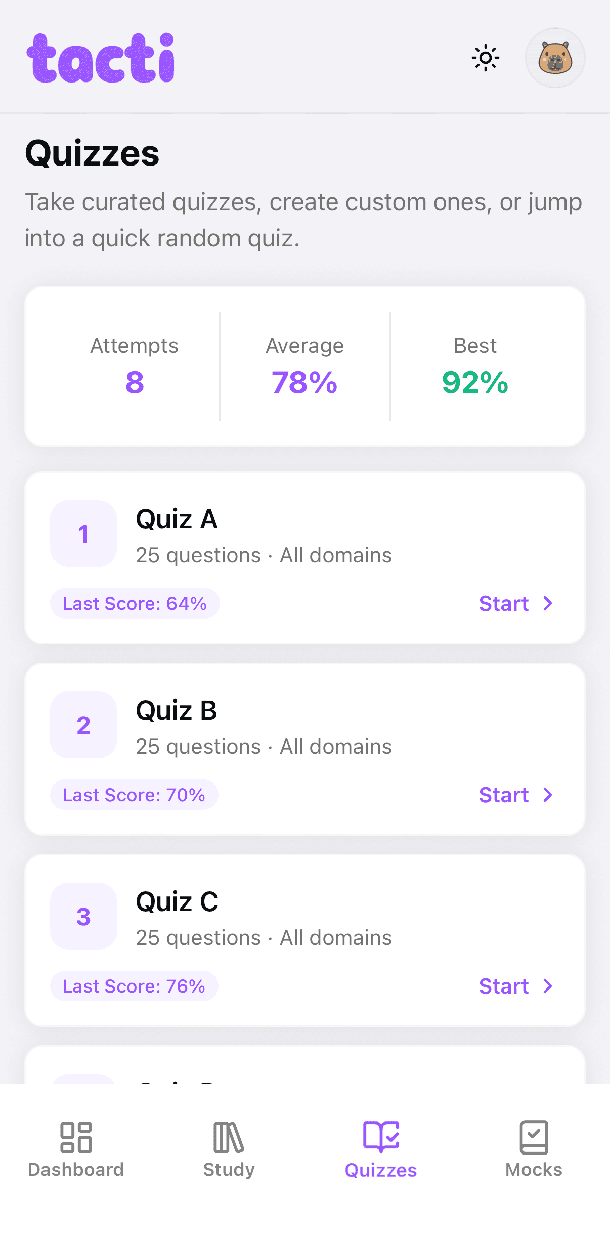 Quizzes page with performance stats and curated quiz list